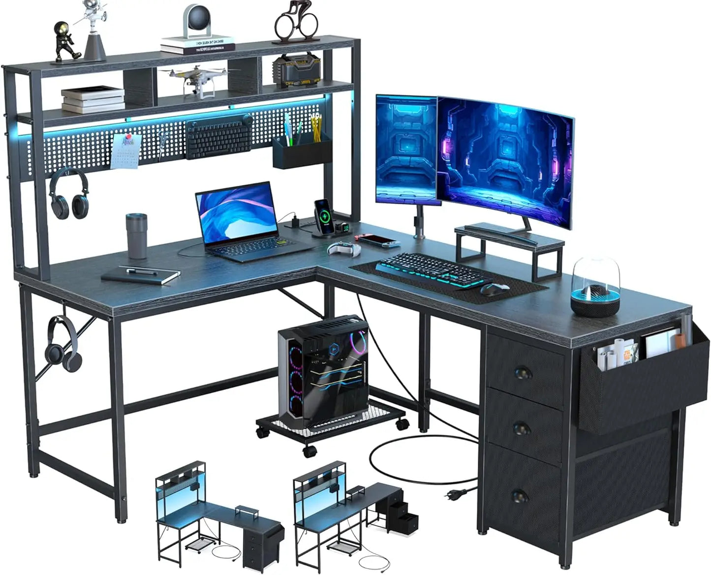 Gaming Desk Computer Desk with Pegboard & Shelves Large L Shaped Desk with Drawers, Power Outlet & LED ShopOnlyDeal