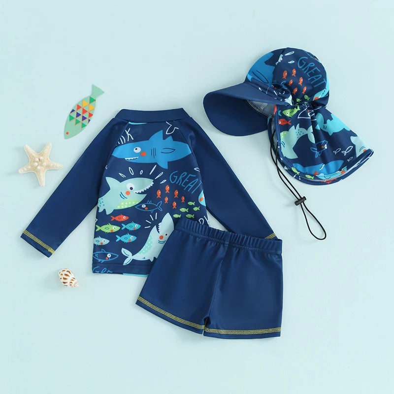 Toddler Baby Boys Summer Swimsuit Set Fish Print Long Sleeve Tops Elastic Waist Swim Trunks Hat Kids 3Pcs Bathing Suit ShopOnlyDeal