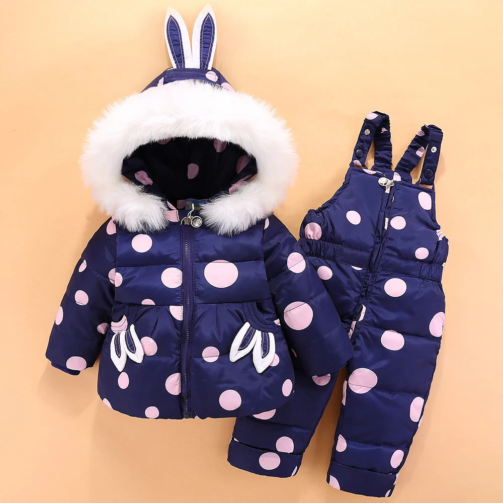 Winter Baby Girls 2PCS Set Rabbit Ear Soft Fur Hooded Infant Girl Down Jacket Snowsuits Contrast Dot Strappy Pants Outfits ShopOnlyDeal