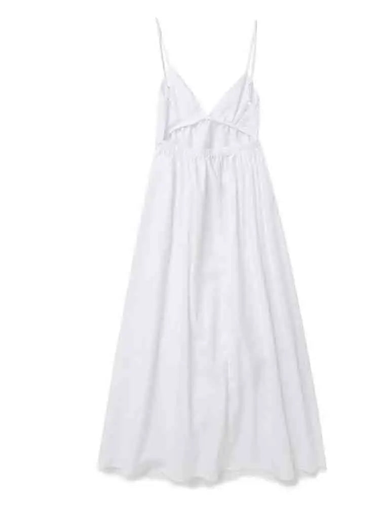 Sexy Backless Midi Dress Sleeveless V Neck Dress 2023 Fashion Summer Woman Causal Loose Beach Dress Holiday White Long Dress ShopOnlyDeal