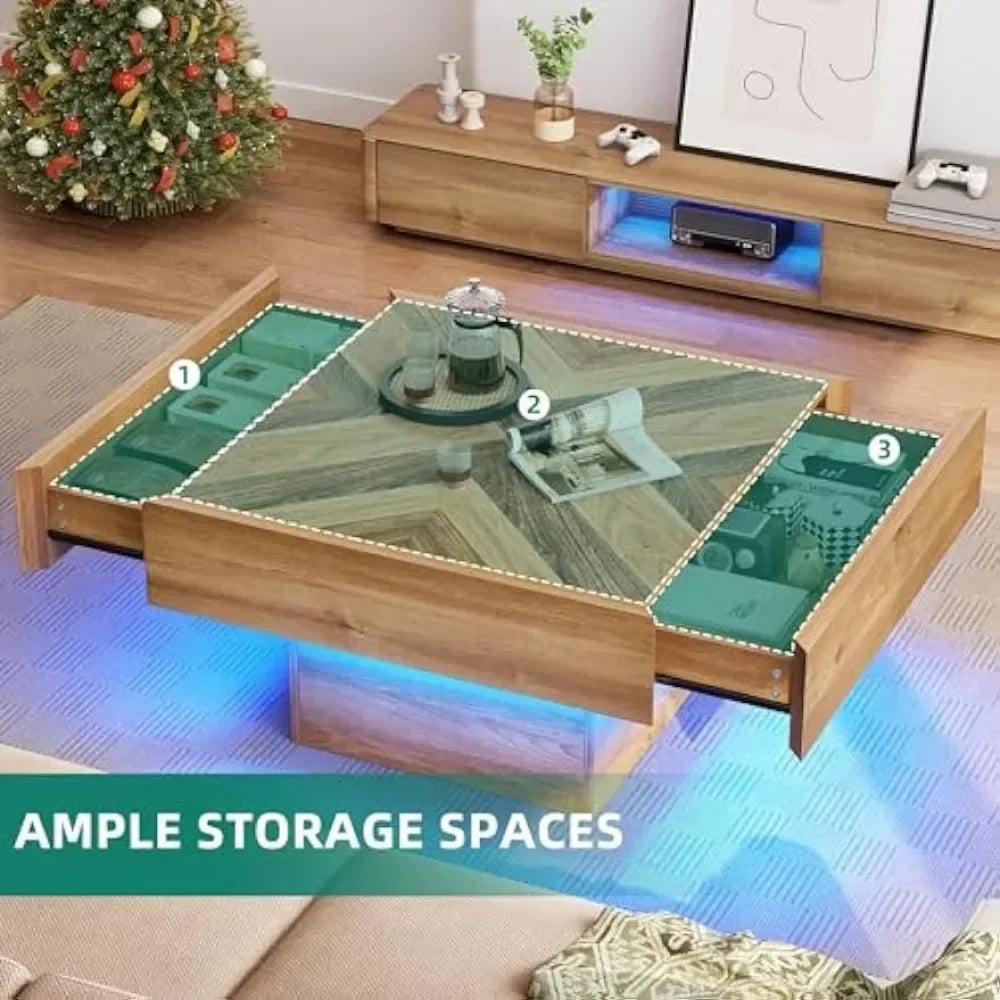 Farmhouse coffee table Living room square coffee table Wooden LED with storage Table with 2 drawers, brown ShopOnlyDeal