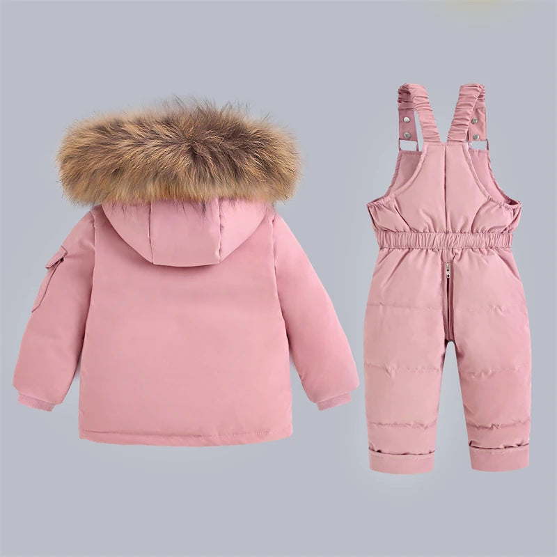 -30Degree Russia 2Pcs Set Children Winter Down Jacket and Jumpsuit Thicken Boy Girls Ski Suit Real Fur Collar Warm Kids Snowsuit ShopOnlyDeal