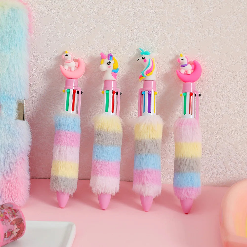 Kawaii Unicorn Fluffy 6 Colored Mechanical Ballpoint Pen | School & Office Writing Supplies | Stationery Gift ShopOnlyDeal