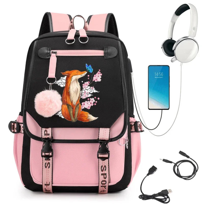 Fox Anime Backpack | Kawaii Girls School Bag with USB Port | Teenager Laptop Travel Backpacks | Mochila Style ShopOnlyDeal