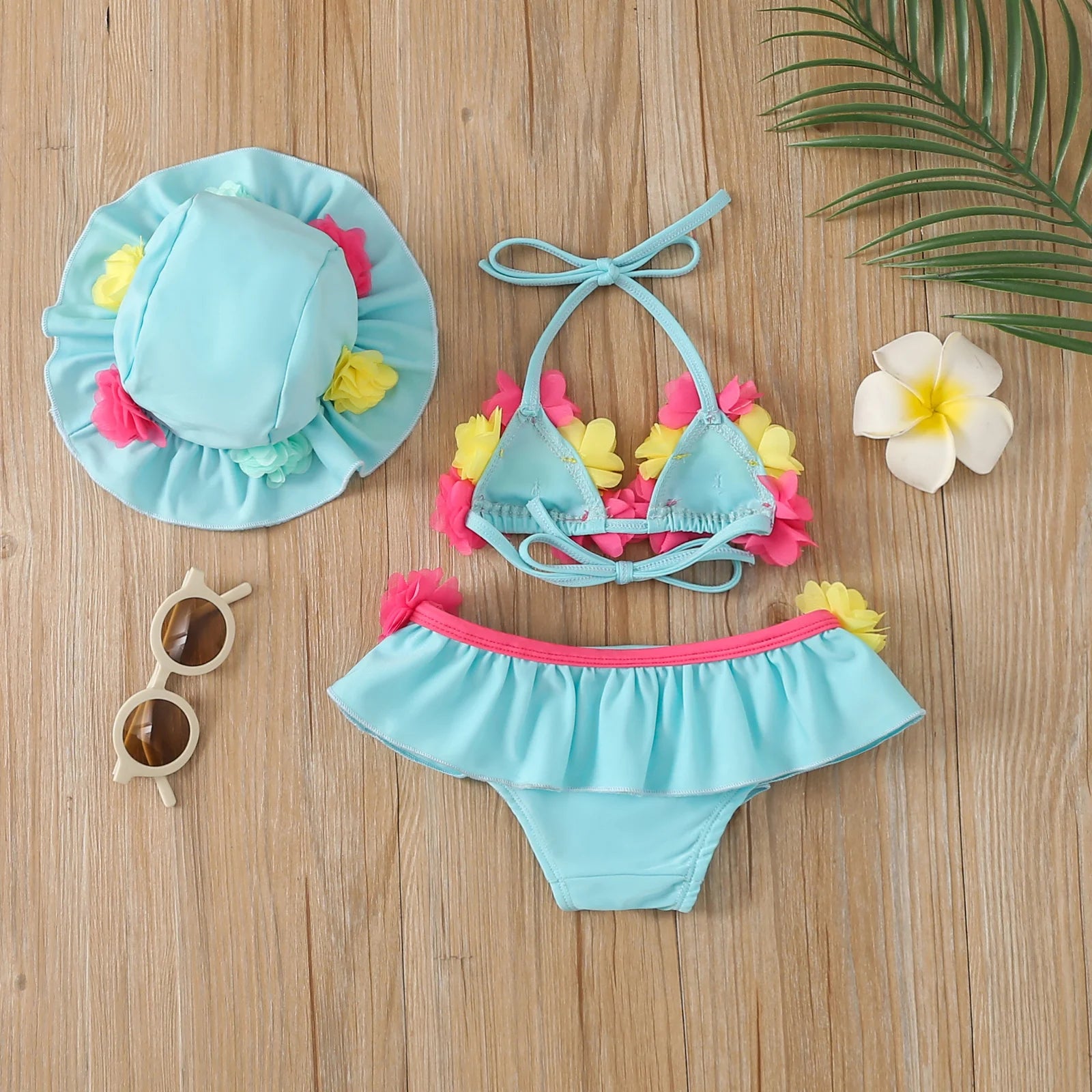 Infant Baby Girls Three-piece Bathing Suit, Flower Halter Neck Swimming Tops, Bottoms and Sun Protection Cap ShopOnlyDeal