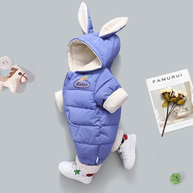 2024 Winter Baby Girls Rompers Plus Velvet Warm Hooded Infant Girl Snowsuit Cartoon Rabbit Ears Toddler Girls Overalls Clothes ShopOnlyDeal