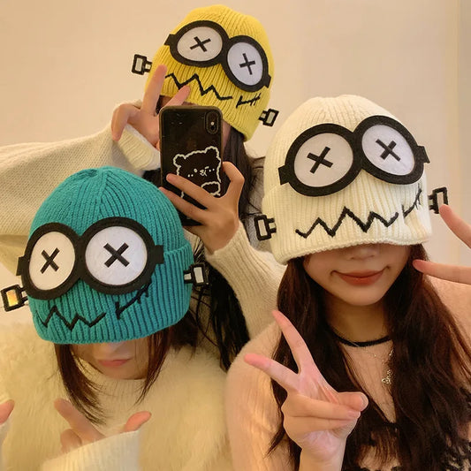 Kpop Cute Cartoon Cuff Beanie Cap Women's Candy Color Big Eyes Smile Skullies Hat Fashion Streetwear Student Warm Winter Knitted ShopOnlyDeal