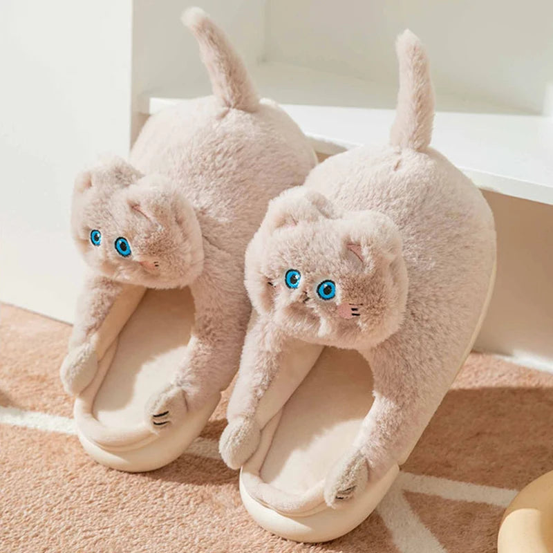 Winter Cute Cat Slippers Women Home Furry Slippers Indoor Floor Bedroom Kawaii Floor Shoes Non-slip Fluffy Warm Slippers ShopOnlyDeal