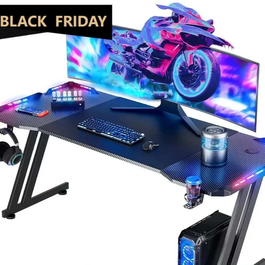 63 Inch Gaming Desk with LED Lights Carbon Fibre Surface Gaming Table Large Computer Desk Ergonomic Home Office Desks Z Shaped ShopOnlyDeal