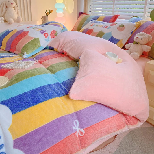 Rainbow Theme Plush Duvet Cover Fluffy Soft Boys Girls Luxury Queen Quilt Cover Winter Warm Letter Print Bedding No Pillowcase ShopOnlyDeal