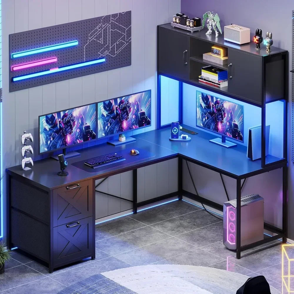 Computer Desk, Reversible L Shaped Computer Desk with Fabric Drawers and Power Outlet, Gaming Desk with Led Lights ShopOnlyDeal