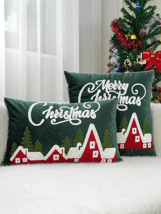 1pc Green Dutch Velvet Christmas Embroidery Cushion Pillow Case, Dormitory Bedroom Sofa Home Decoration ShopOnlyDeal