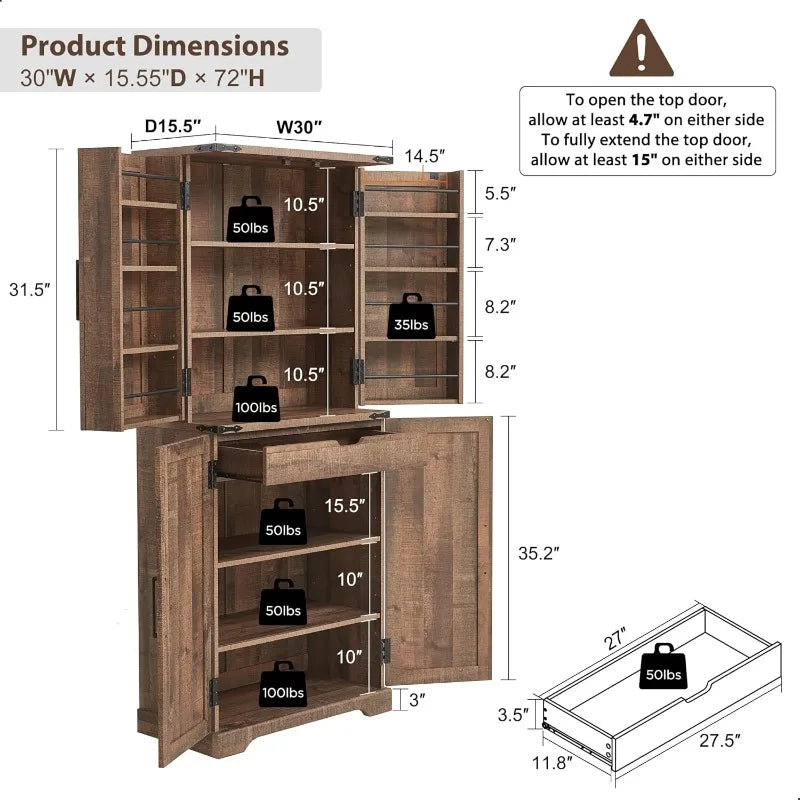 72" High Kitchen Pantry, Farmhouse Storage Cabinet with Barn Doors, Organizers, Drawers and Adjustable Shelves ShopOnlyDeal