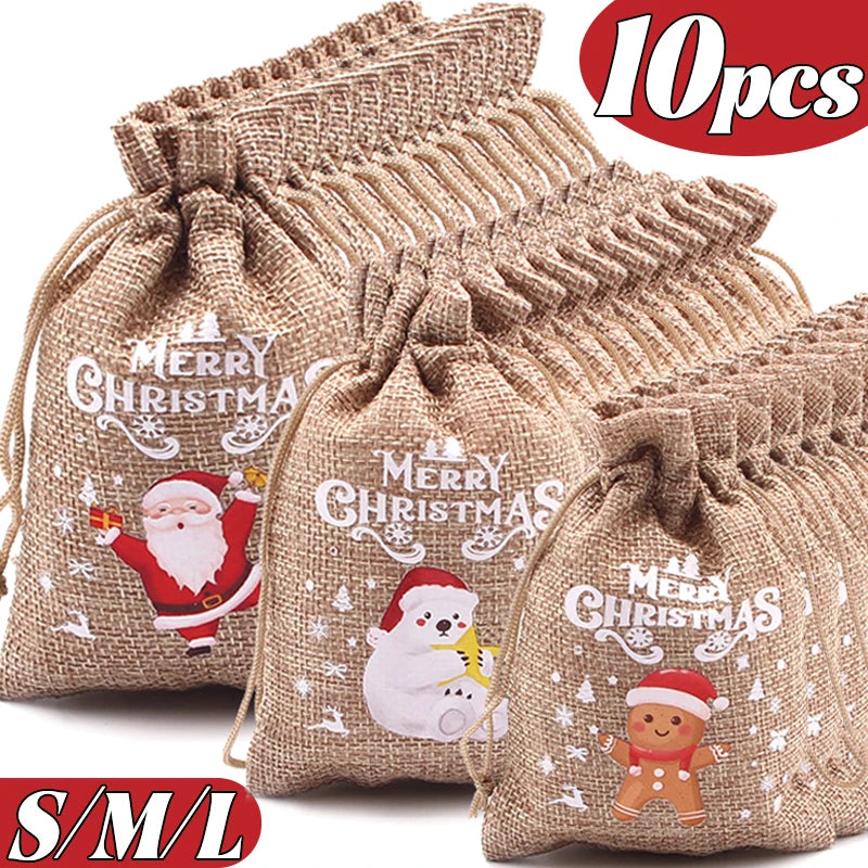 Christmas Linen Bags Cartoon Santa Claus Snowman Candy Gifts Drawstring Bag for Xmas Party Packaging Storage Pouches ShopOnlyDeal