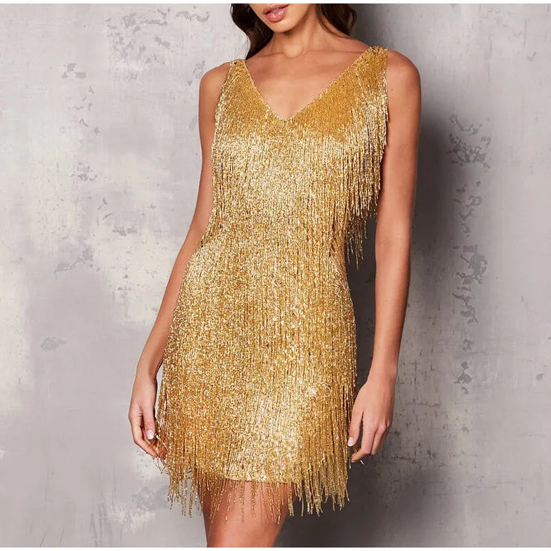 New Sexy Tassel Sequins Feather Mini Dress Women Spaghetti Strap Stitching Dresses Female Elegant Evening Party Club Dress ShopOnlyDeal