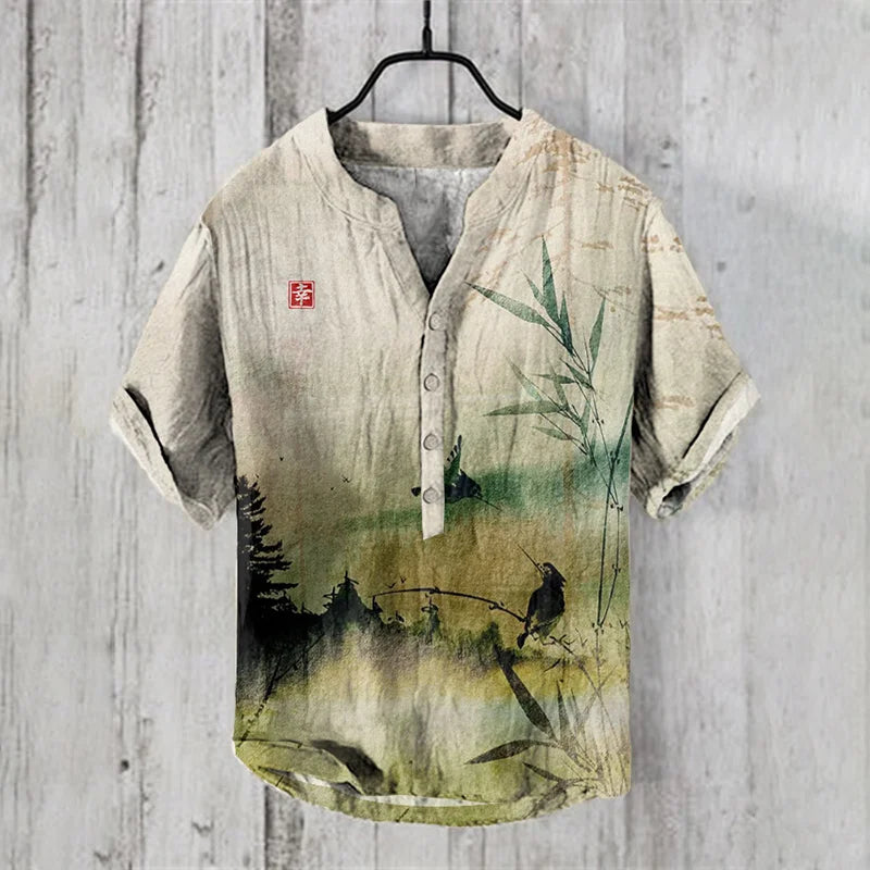 Summer Fashion Men's Small V-Neck Japanese Art Frog Print Lapel Shirt | Men's Casual Art Short Sleeve Shirt ShopOnlyDeal