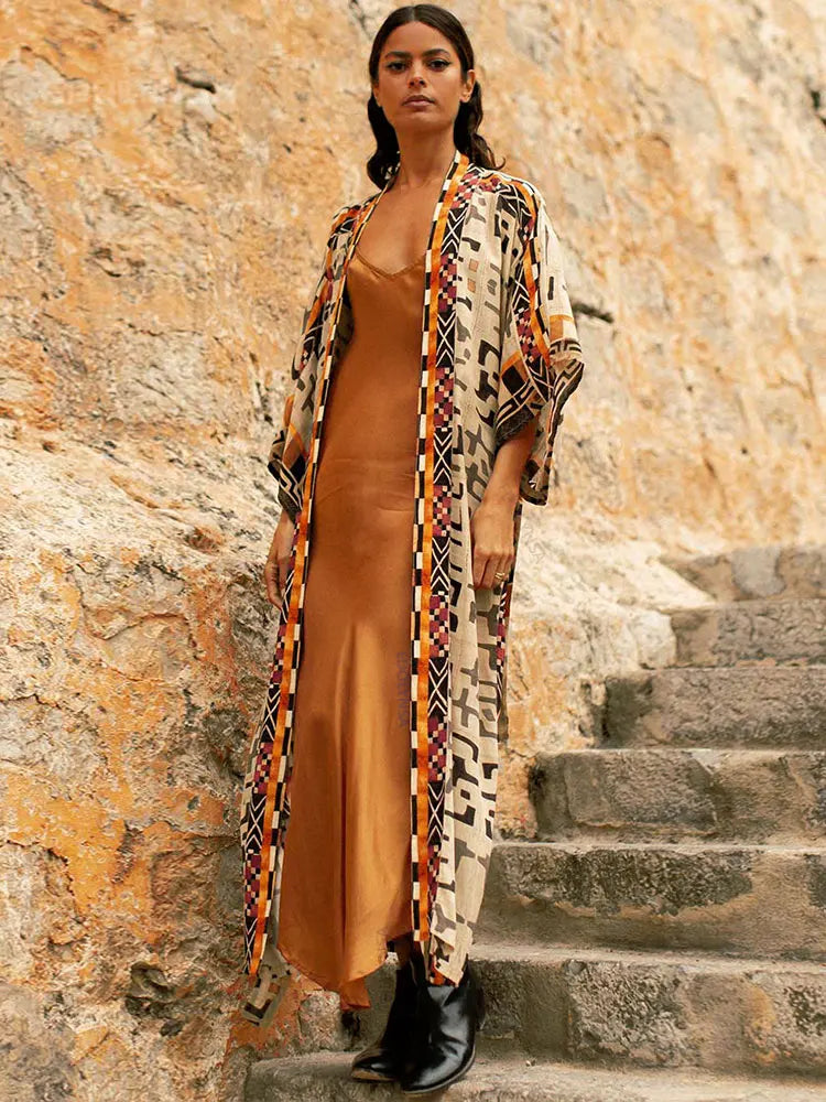 Yellow Retro Printed Dress | Long Sleeve Self Belted | Plus Size Bohemian Kimono | Women Street Wear Casual Maxi Dresses ShopOnlyDeal