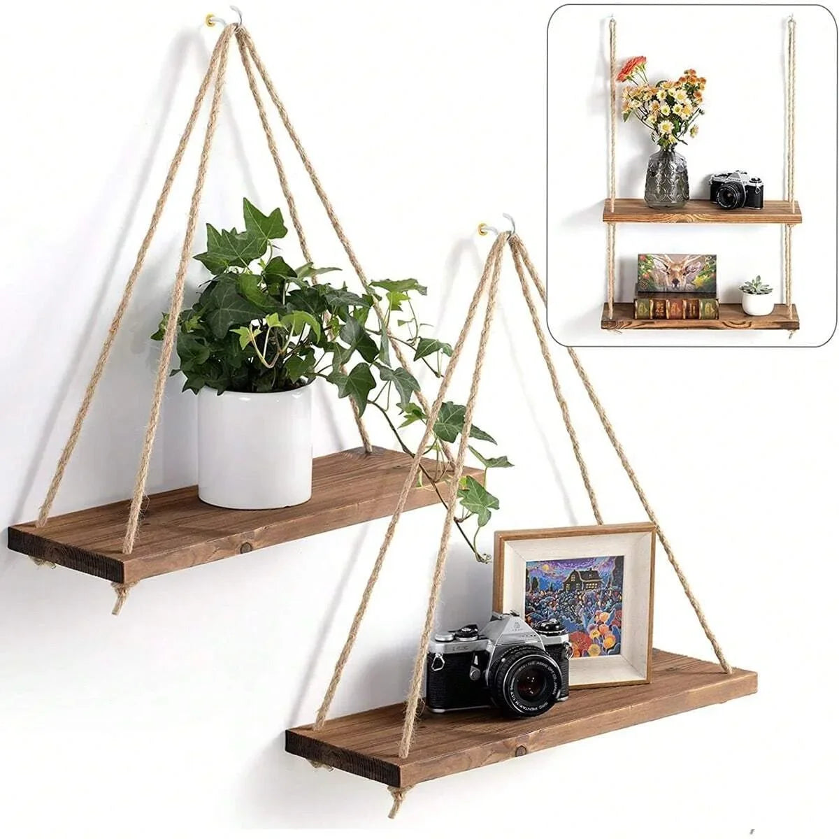 1PC Wooden Swing Hanging Hemp Rope Wall Shelve Mounted Floating Home Living Room Plant Flower Pot Tray Storage Garden Decoration ShopOnlyDeal