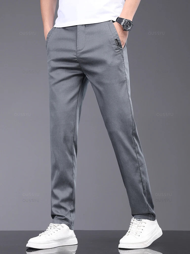 Spring Summer Soft Stretch Lyocell Fabric Men's Casual Pants Thin Slim Elastic Waist Business Grey Trousers Male ShopOnlyDeal