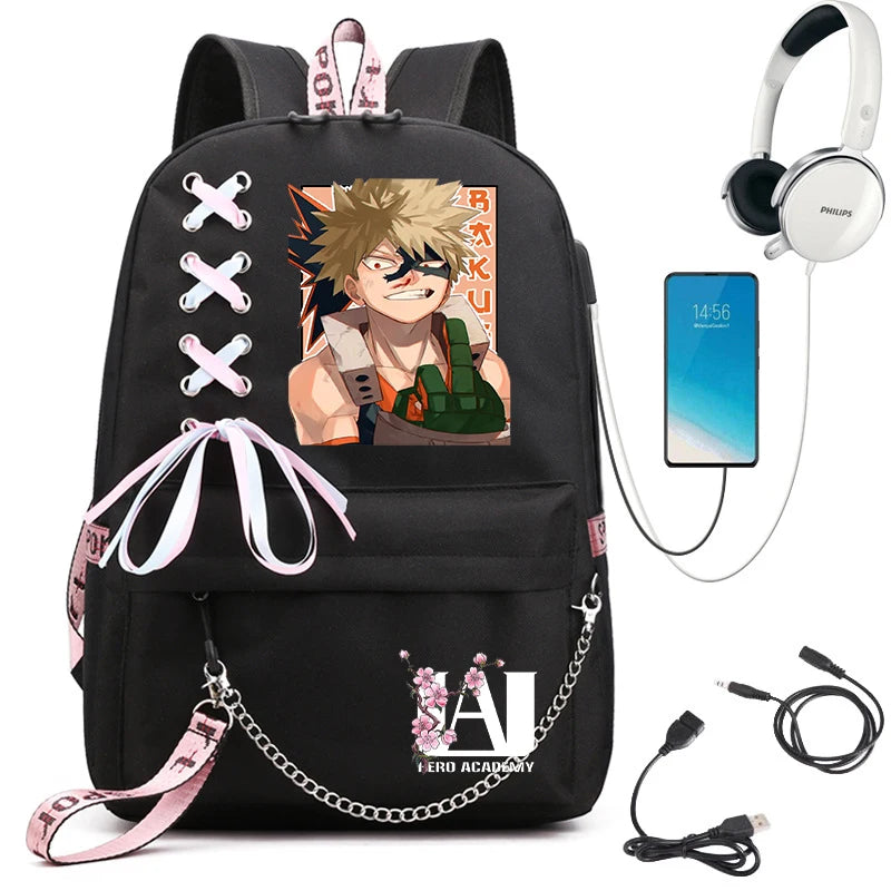 My Hero Academia Anime Women's Backpack | USB Port Ladies Travel Backpack | Shoulder Bag Featuring Katsuki Bakugo | Anime Trend Laptop Backpack ShopOnlyDeal