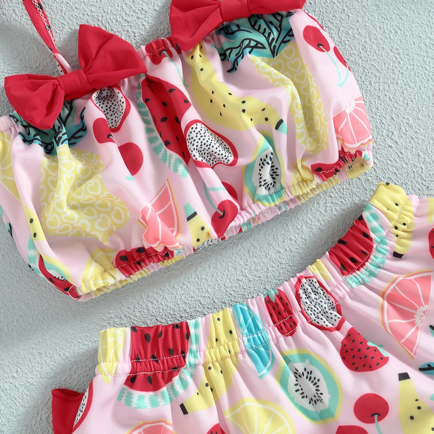 0-24Months Toddler Baby Girl 3pcs Swimsuits Summer Fruit Print Bandage Halter Sleeveless Tops Beach Shorts and Hat Sets ShopOnlyDeal