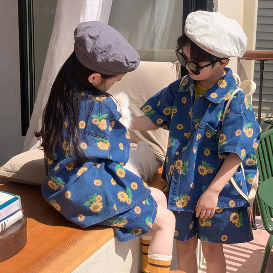 Siblings Set 2024 | Sunflower-Themed Korean Fashion | Girls Shirt + Shorts & Boys Two-Piece Suit for 2-7Y ShopOnlyDeal