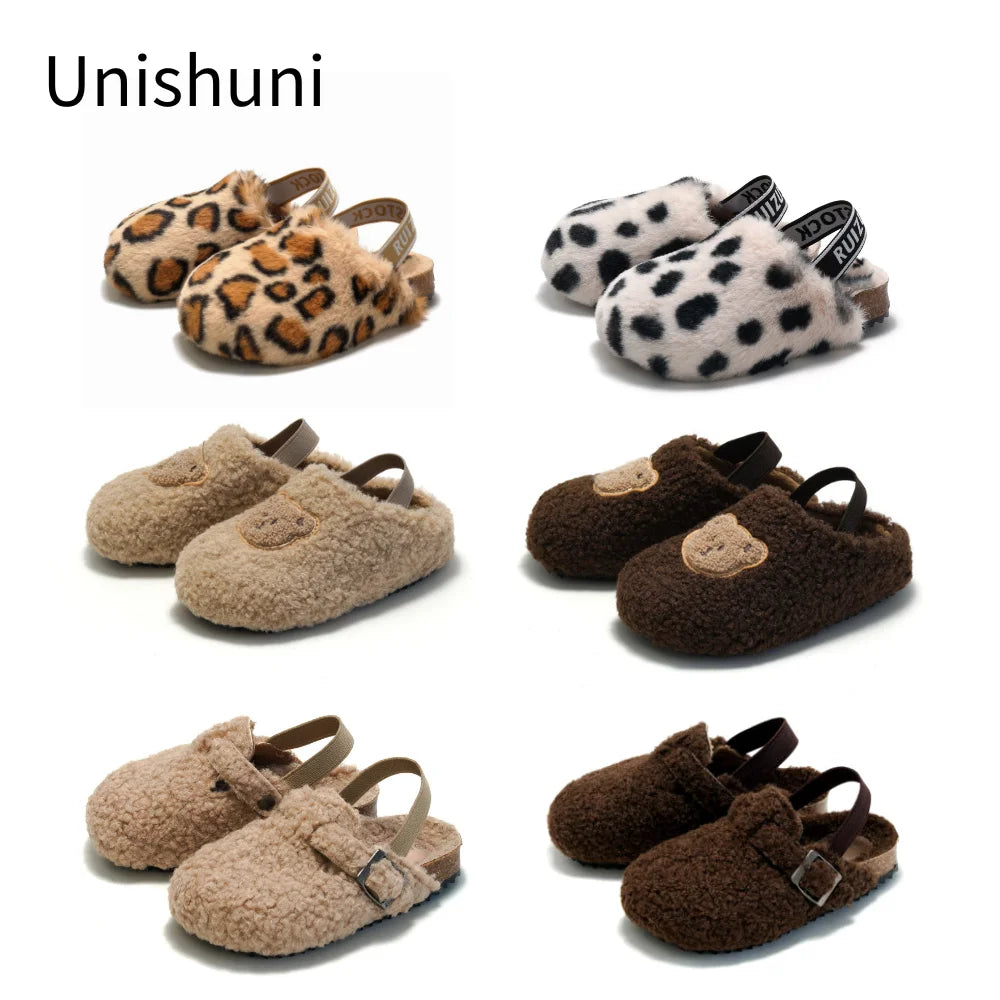 Unishuni Children Leopard Cork Sandal Kid Autumn Winter Mules for Girls Boys Toddler Plush Indoor Home Slipper with Elastic Band ShopOnlyDeal