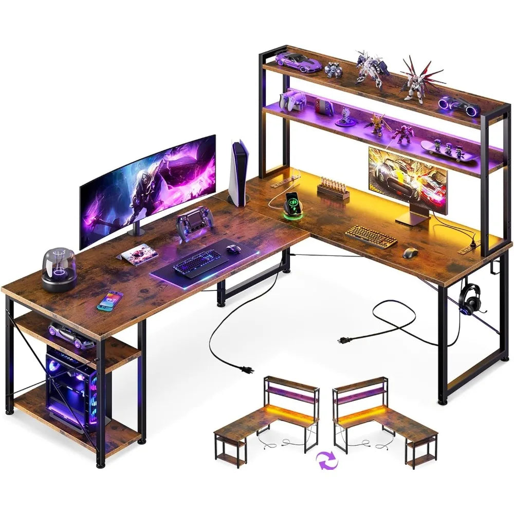 Computer Desk, 66 in. with Storage Cabinet, Power Outlet, LED Lights and Monitor Stand, Storage Shelf, Computer Gaming Table ShopOnlyDeal