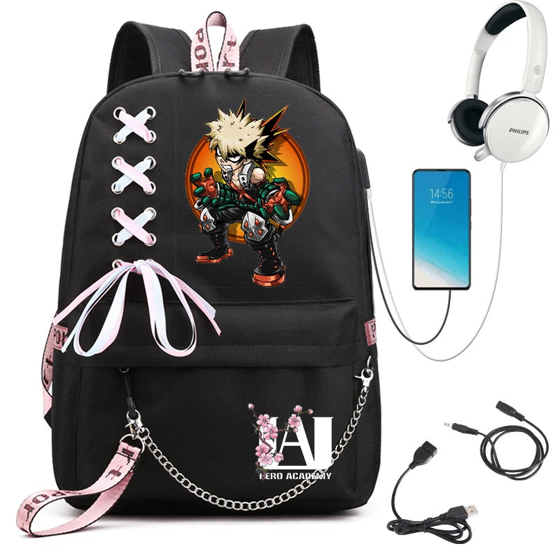 My Hero Academia Anime Women's Backpack | USB Port Ladies Travel Backpack | Shoulder Bag Featuring Katsuki Bakugo | Anime Trend Laptop Backpack ShopOnlyDeal