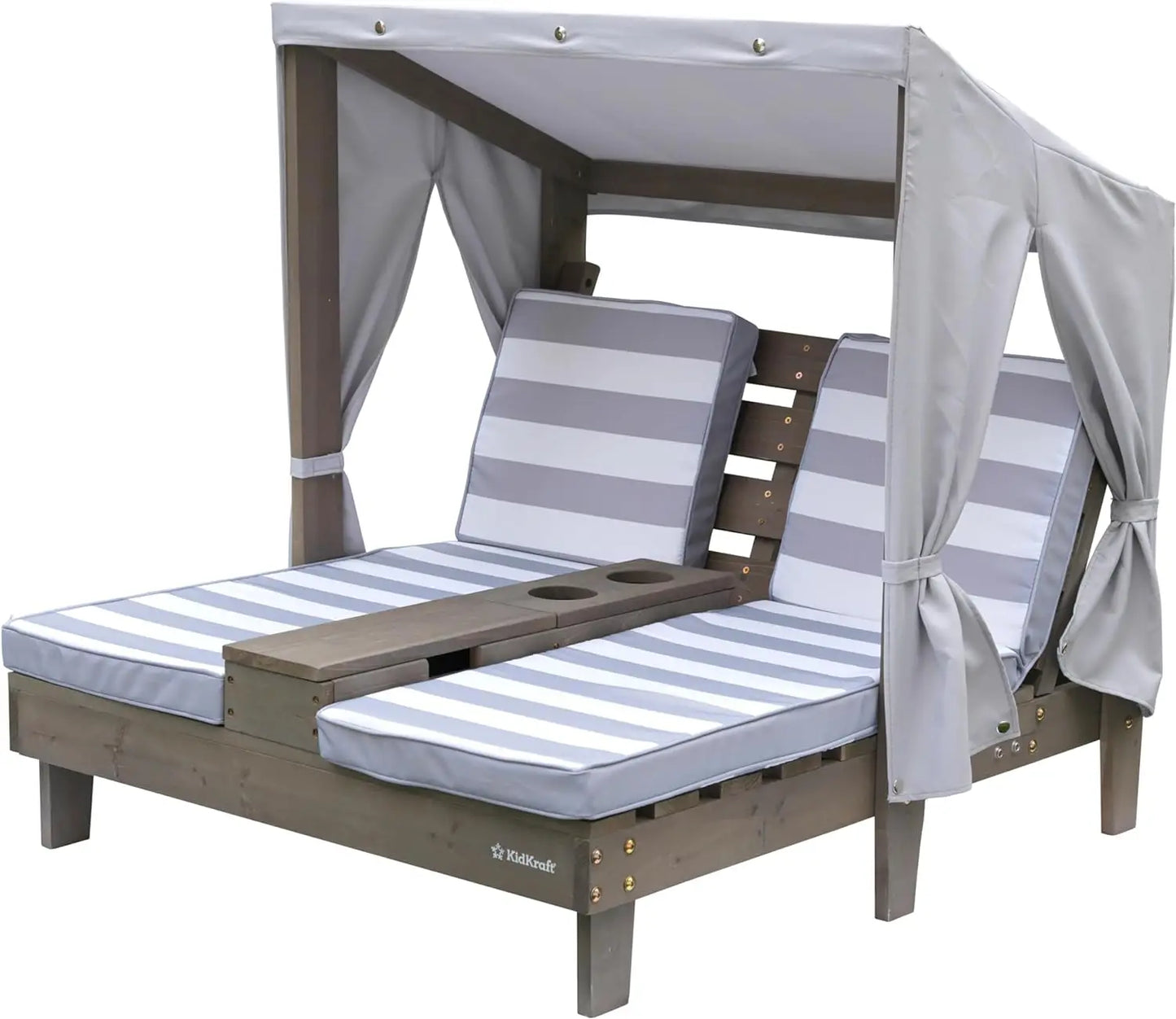 Wooden Outdoor Double Chaise Lounge with Cup Holders, Patio Furniture , Espresso with Oatmeal and White Striped Fabric ShopOnlyDeal