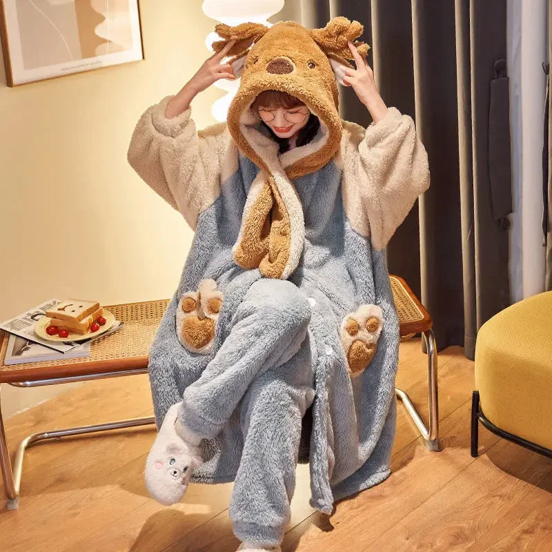 Pajama Sets Women Kawaii Flannel Warm Animal-ears Hat Loose Sleepwear Comfort Winter Thick Sweet Students Pajamas Long Sleeve ShopOnlyDeal