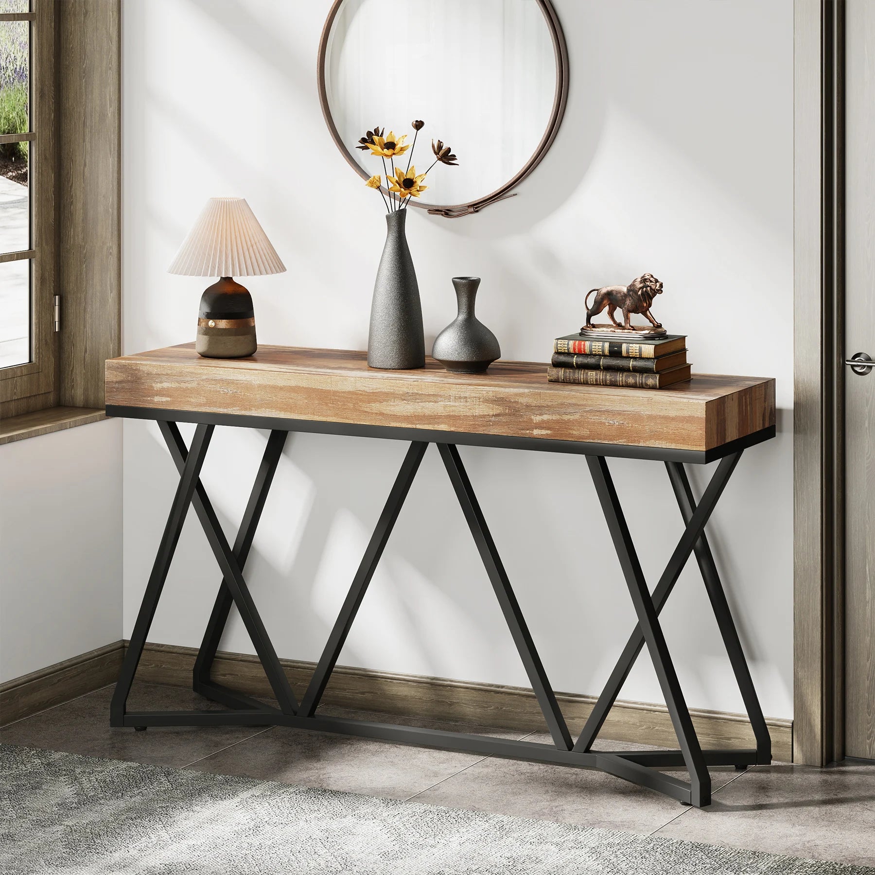 Tribesigns 55 Inches Console Table, Farmhouse Sofa Table Wood Entryway Table with Unique Metal Base, Behind The Couch Table ShopOnlyDeal