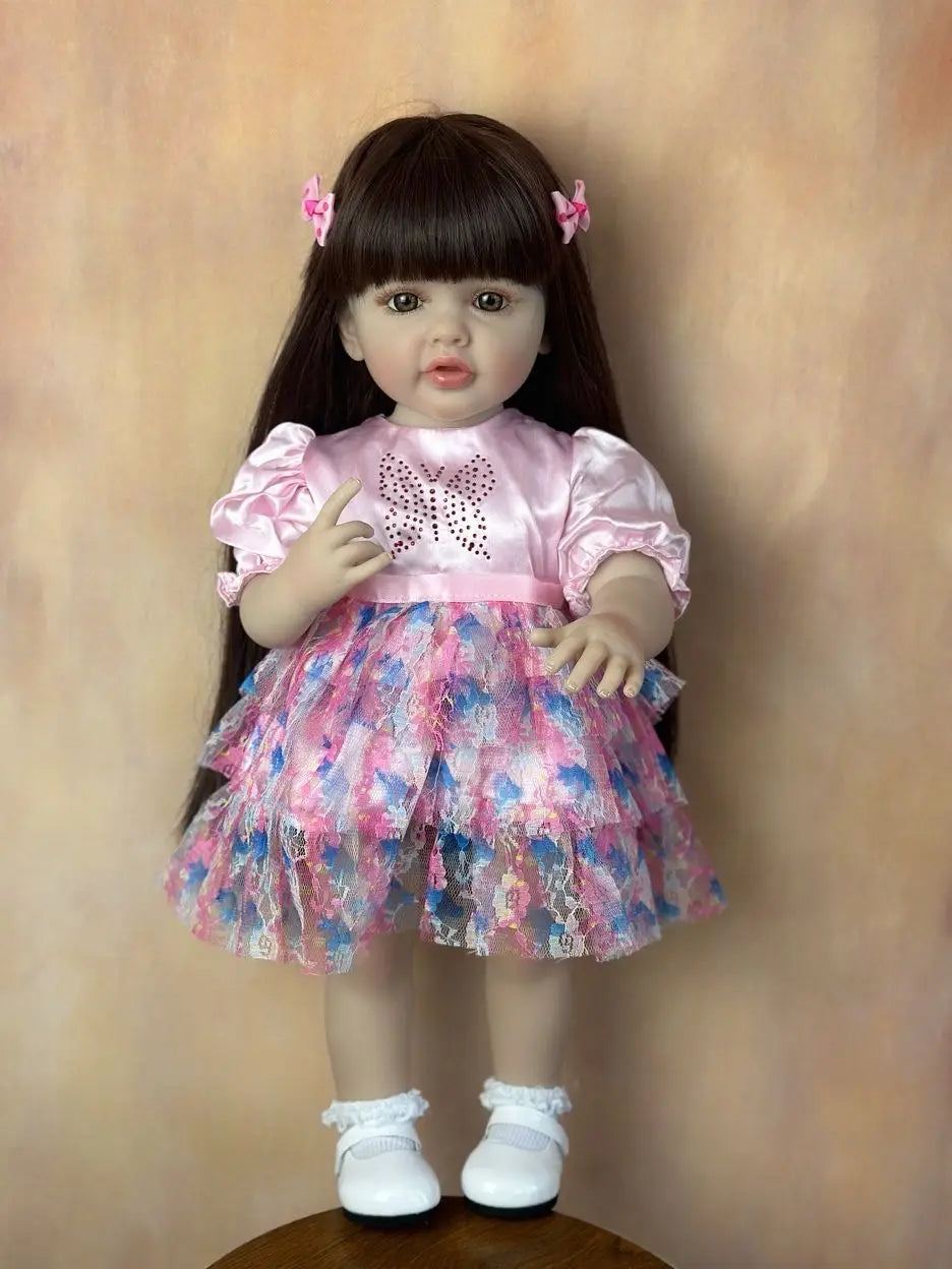 BZDOLL 55cm 22inch Lifelike Reborn Baby Girl Doll Soft Silicone Long Brown Hair Realistic Princess Toddler Bebe Birthday Gift ShopOnlyDeal