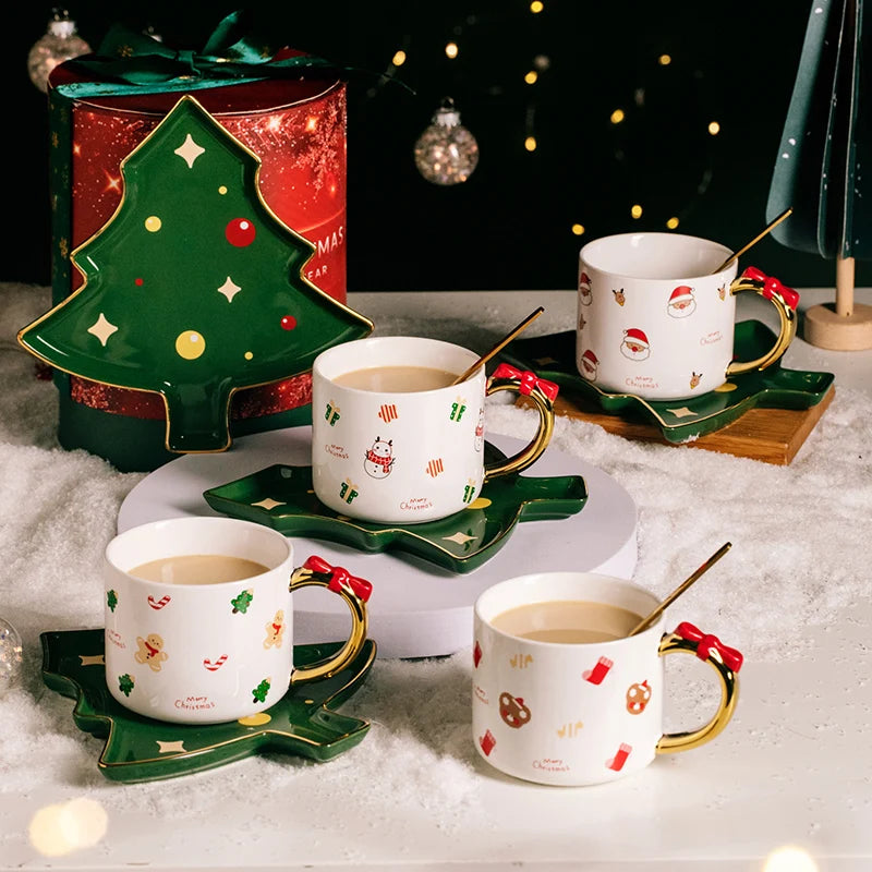 220ml Christmas Gift Creative Ceramic Coffee Cup and Dish Set Xmas Tree Design Plate Household Coffee Cup Sets With Spoon ShopOnlyDeal