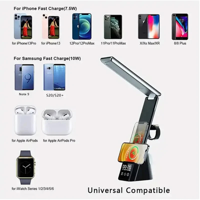 6 IN 1 Wireless Charger  Alarm Clock  Table Lamp Stand for IPhone 15 14 13 Pro Max Fast Charging Station for Apple Watch AirPods ShopOnlyDeal