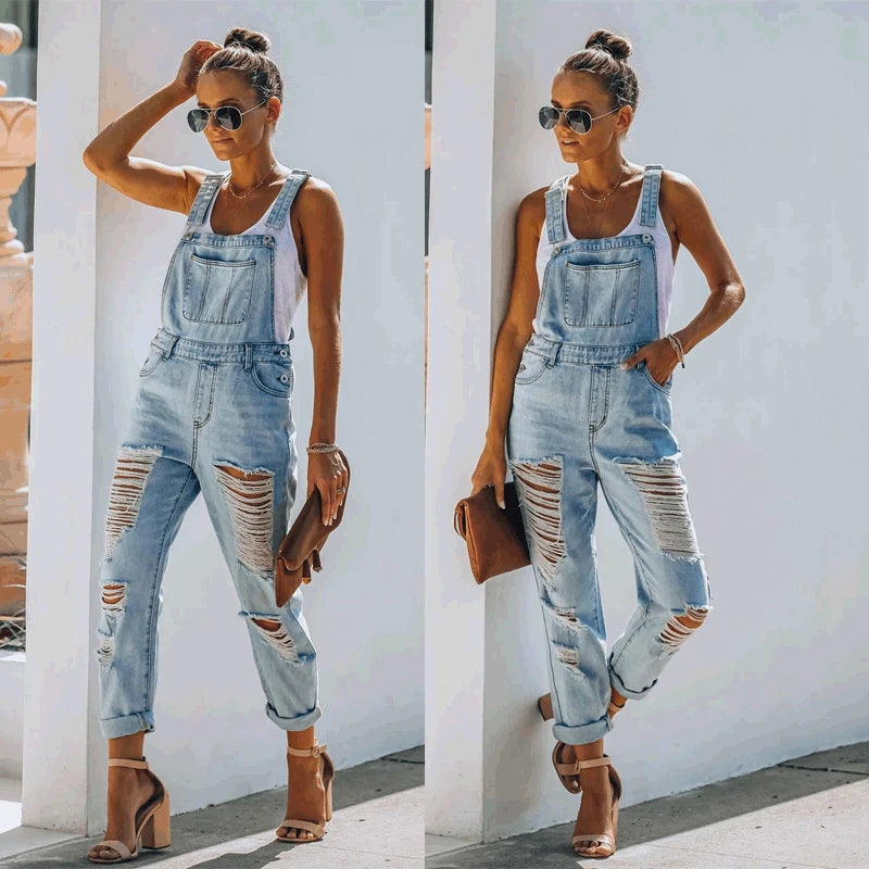 Women's Ripped Denim Jumpsuit | Fashion Slouchy Loose Pocket Slim Solid Color Blue Strap Jeans Trousers ShopOnlyDeal