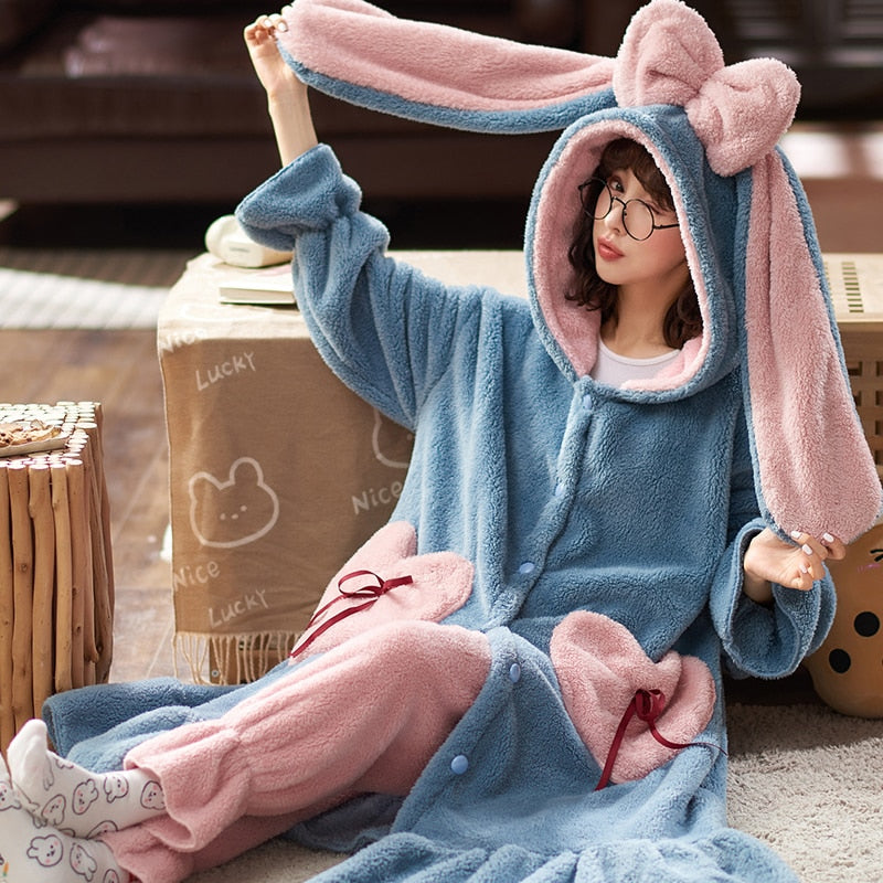 Kawaii Pajamas Women Warm Sweet Hooded Nightgown Winter Flannel Kawaii Home Clothes Female Cute Soft Chic Robes 2XL ShopOnlyDeal