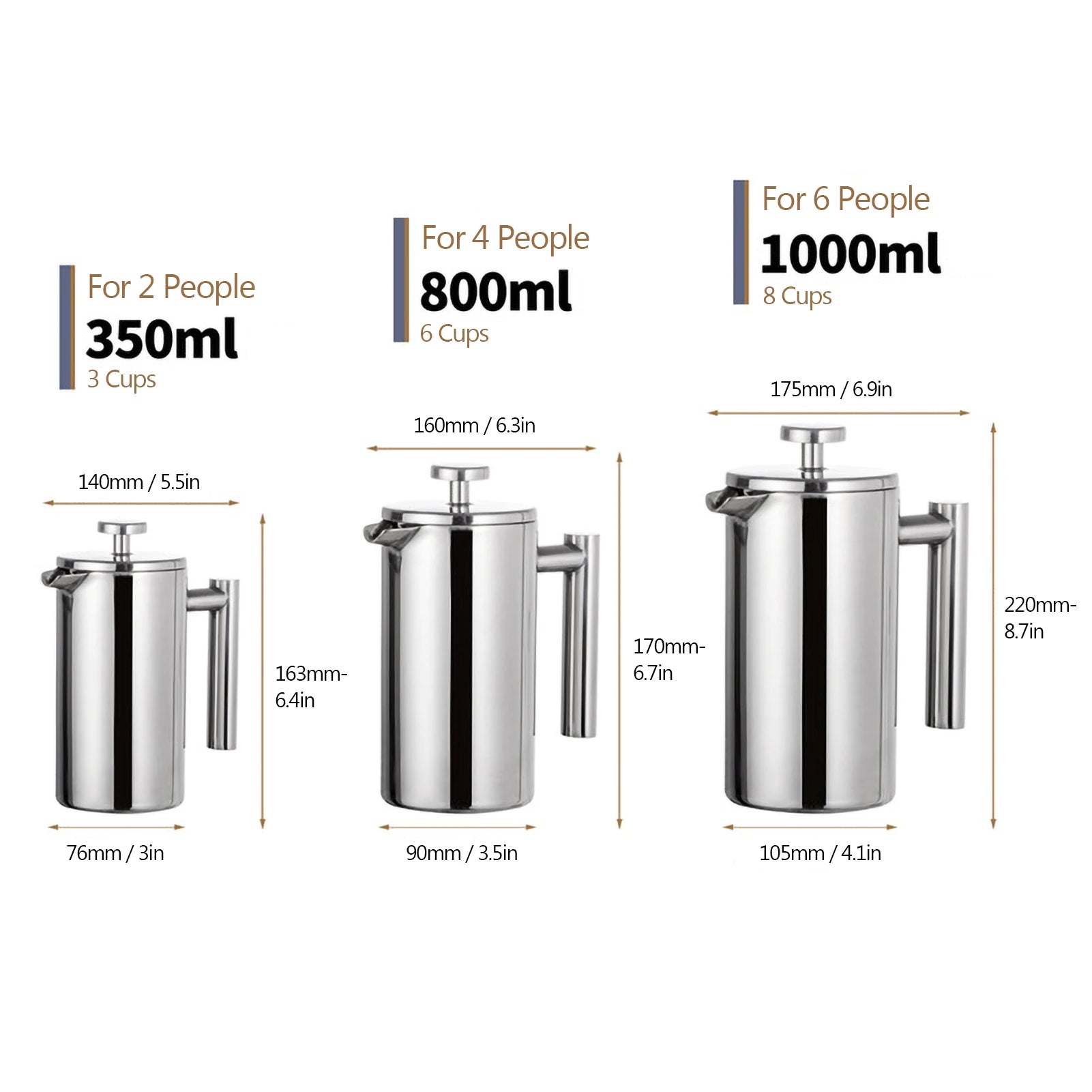 350ml/800ml/1000ml Coffee Maker Pot French Press Coffee Maker Stainless Steel Double Walled Insulated Coffee Maker Pot ShopOnlyDeal