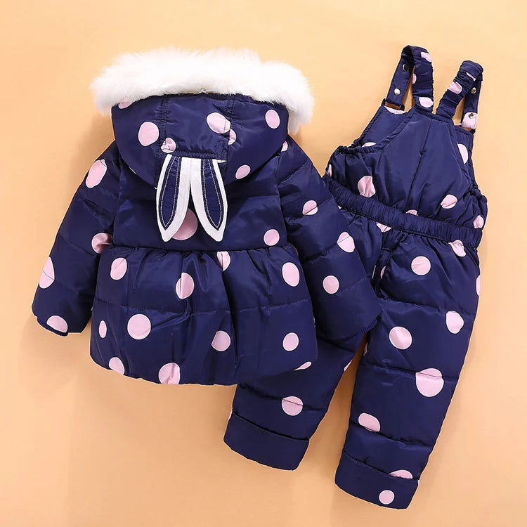 Winter Baby Girls 2PCS Set Rabbit Ear Soft Fur Hooded Infant Girl Down Jacket Snowsuits Contrast Dot Strappy Pants Outfits ShopOnlyDeal