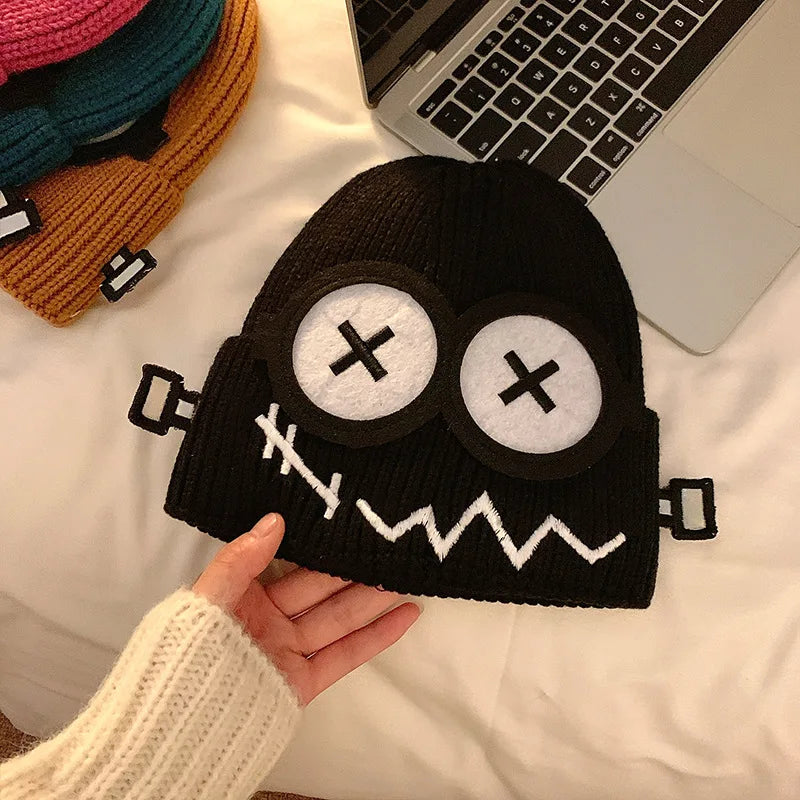 Kpop Cute Cartoon Cuff Beanie Cap Women's Candy Color Big Eyes Smile Skullies Hat Fashion Streetwear Student Warm Winter Knitted ShopOnlyDeal