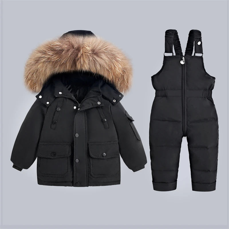 -30Degree Russia 2Pcs Set Children Winter Down Jacket and Jumpsuit Thicken Boy Girls Ski Suit Real Fur Collar Warm Kids Snowsuit ShopOnlyDeal