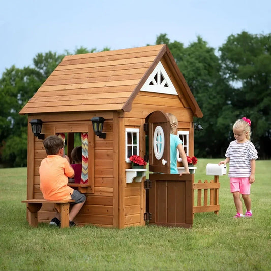 Wooden game house, Dutch front door, flowerpot rack,stove, sink,plastic food, doorbell, mailbox, outdoor light with picnic stool ShopOnlyDeal