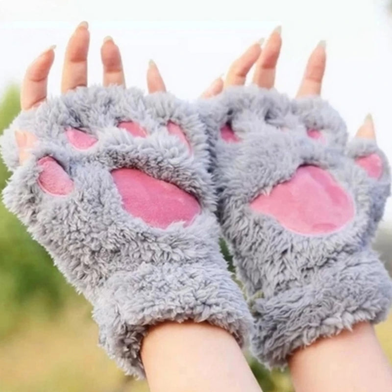 Kawaii Women Cat Gloves Fashion Girls Cat Claw Paw Plush Mittens Warm Soft Plush Short Fingerless Half Finger Winter Gloves ShopOnlyDeal