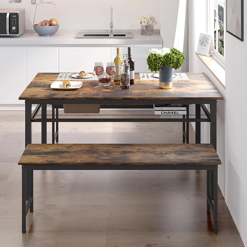 3 Pieces Farmhouse Kitchen Table Set with Two Benches, Metal Frame and MDF Board  ShopOnlyDeal