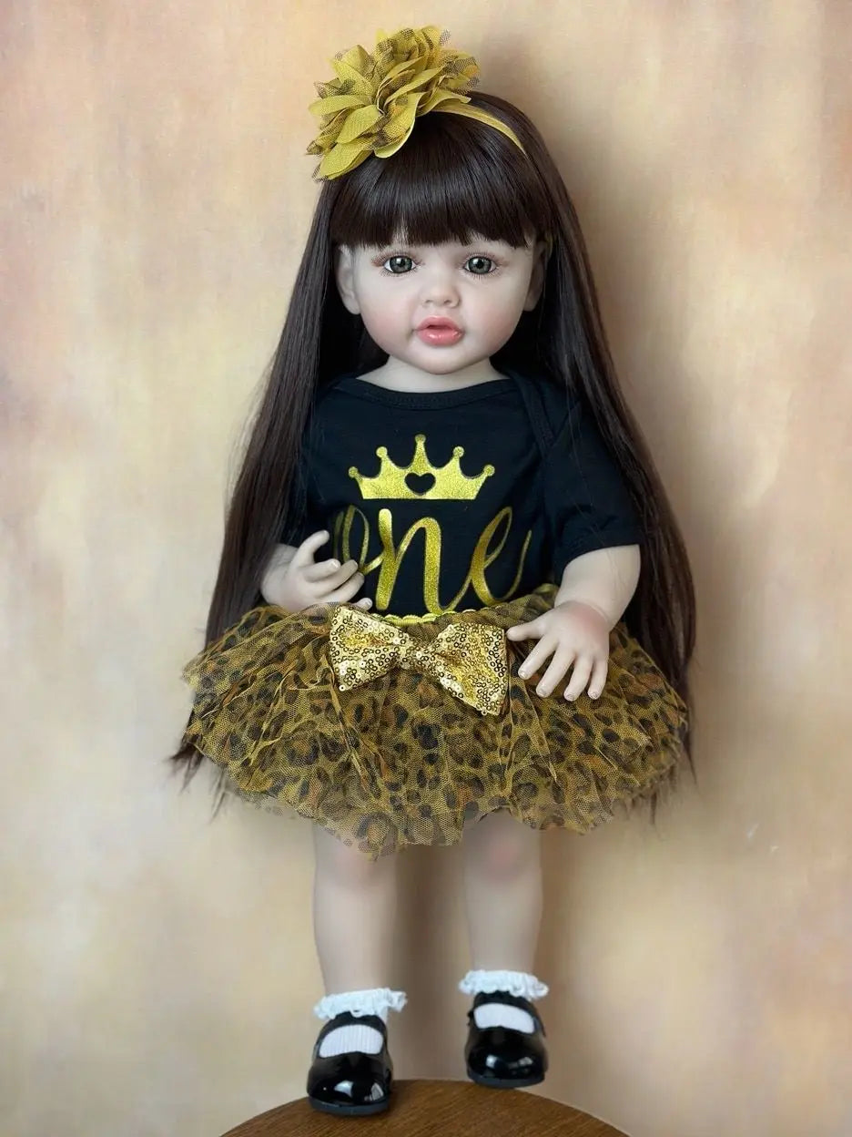 BZDOLL 55cm 22inch Lifelike Reborn Baby Girl Doll Soft Silicone Long Brown Hair Realistic Princess Toddler Bebe Birthday Gift ShopOnlyDeal