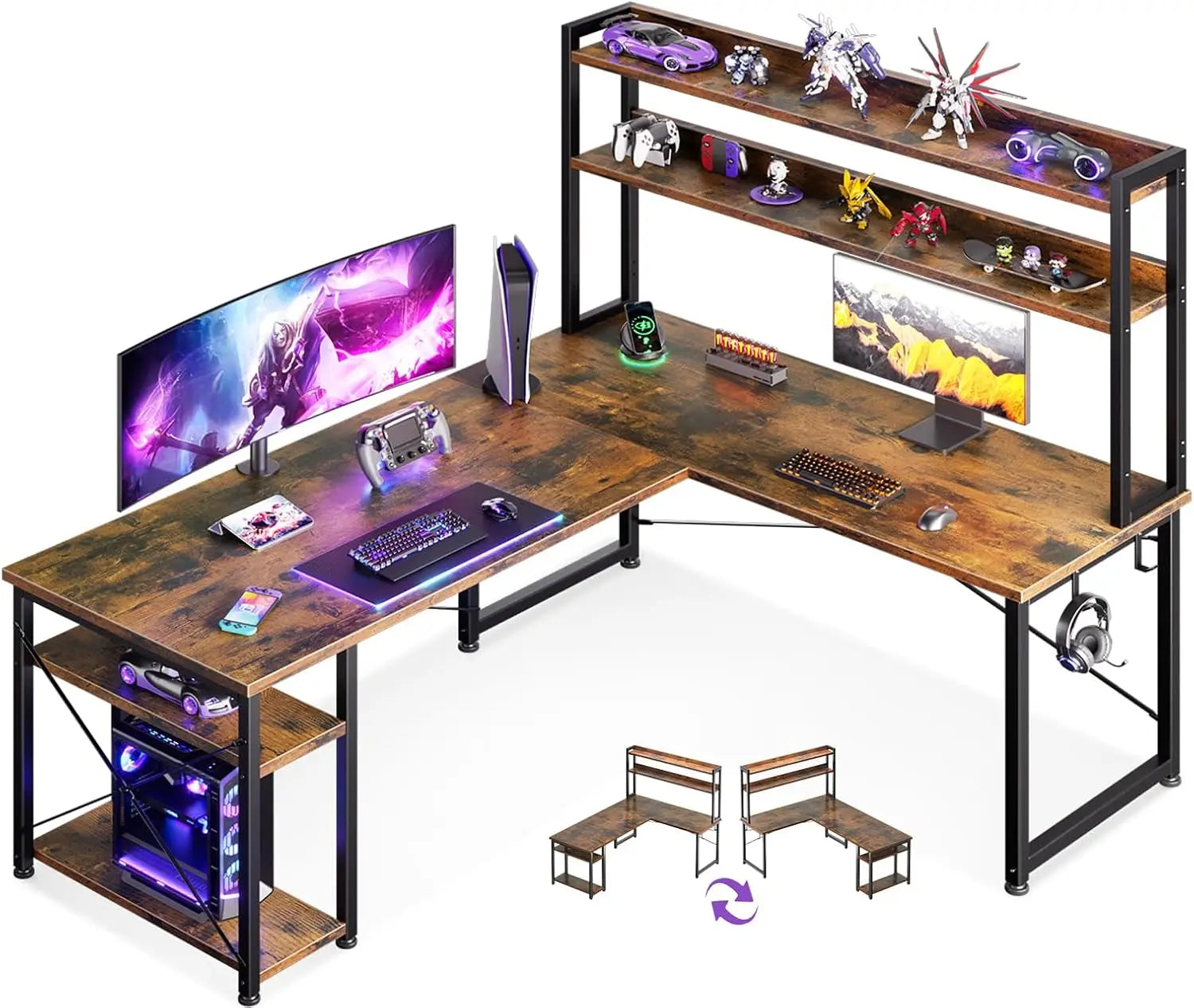 Computer Desk, 66 in. with Storage Cabinet, Power Outlet, LED Lights and Monitor Stand, Storage Shelf, Computer Gaming Table ShopOnlyDeal