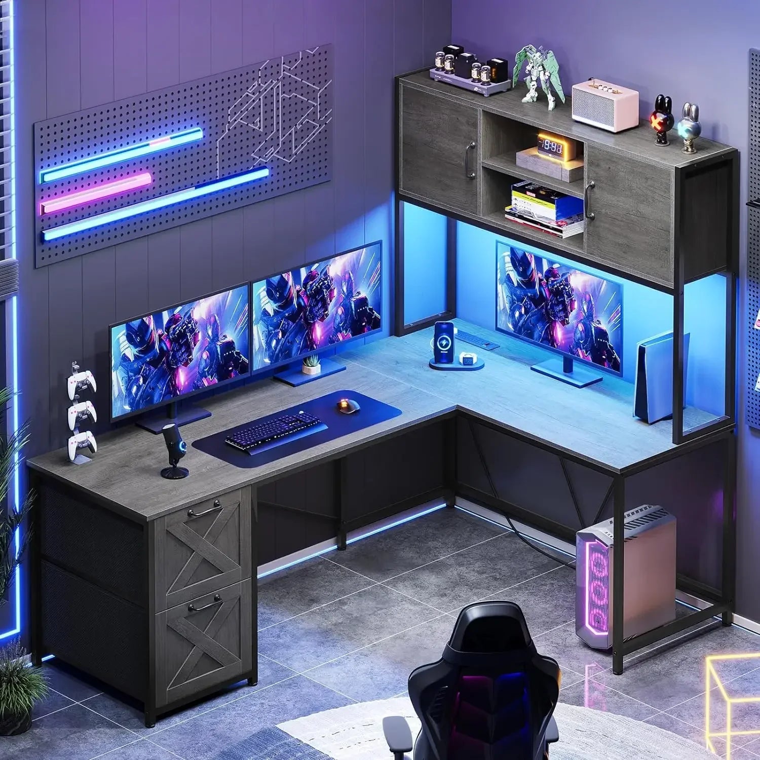 Computer Desk, Reversible L Shaped Computer Desk with Fabric Drawers and Power Outlet, Gaming Desk with Led Lights ShopOnlyDeal