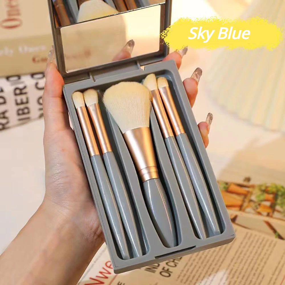 5Pcs Travel Makeup Brushes Set Portable Mini Cosmetic Brush with Mirror Case Powder Blending Eyeshadow Brush Beauty Make Up Tool ShopOnlyDeal