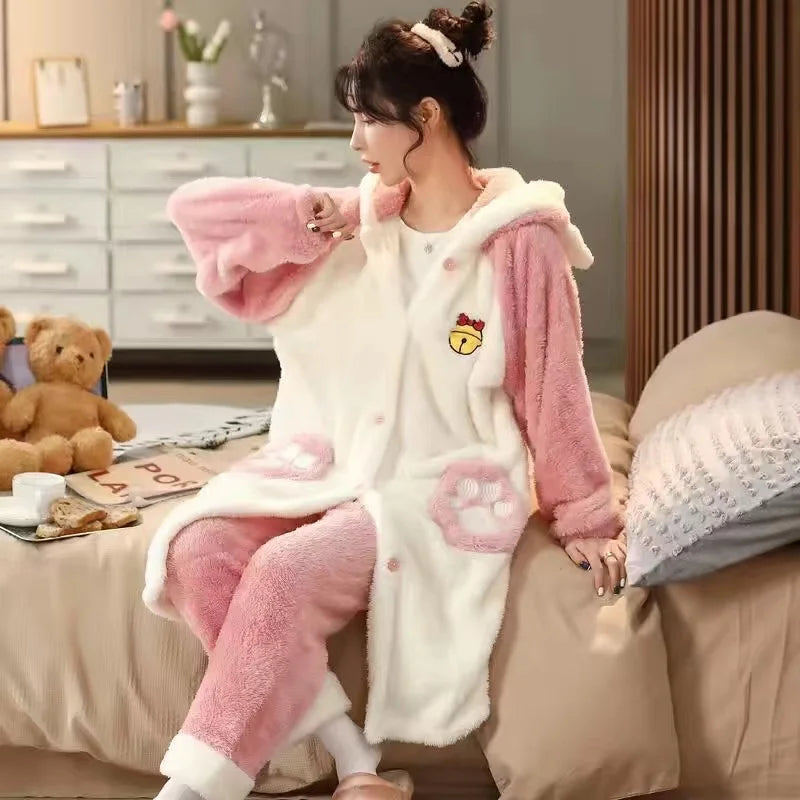 Winter Flannel Pajamas Sets For Women Cute Rabbit Ears Hooded Sleepwear Warm Thick Pyjamas Two Pieces Home Night Wear ShopOnlyDeal