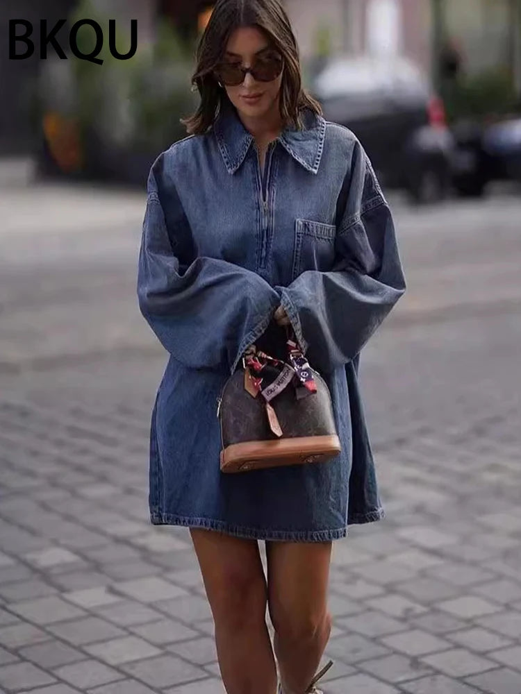 Mini Dress Women A-Line Denim Dresses | Casual All-Match Lapel Long Sleeve Zip Loose Female Streetwear Cowboy Dress ShopOnlyDeal